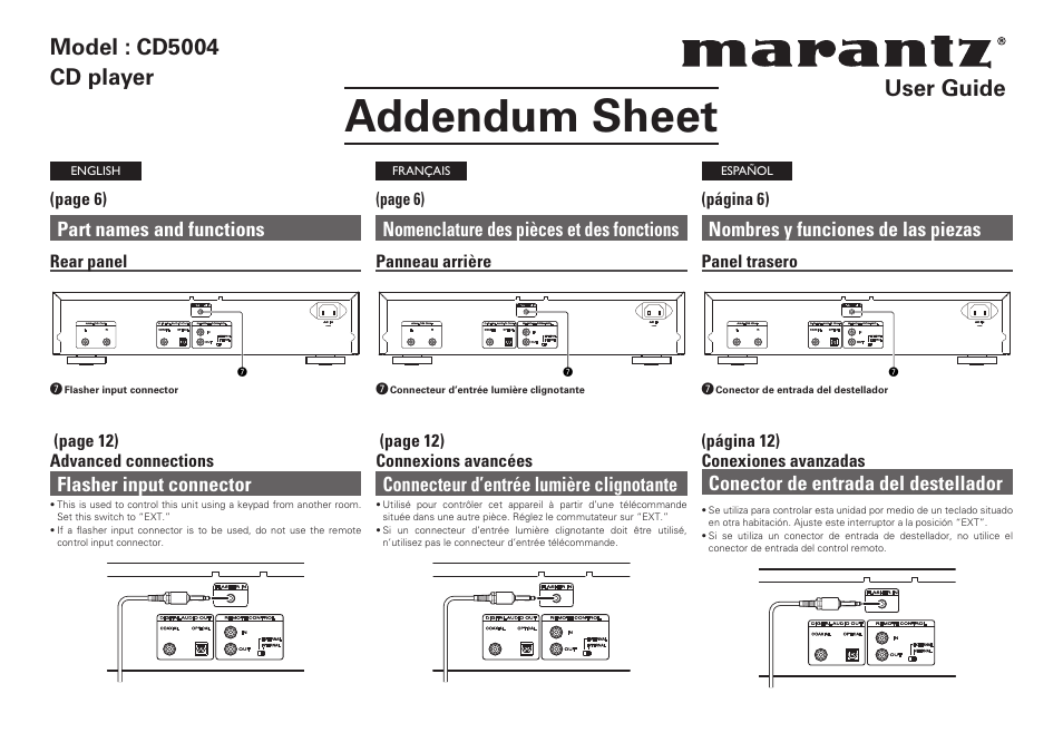 Addendum sheet, Model : cd5004 cd player user guide, Part names and functions | Flasher input connector, Nomenclature des pièces et des fonctions, Connecteur d’entrée lumière clignotante, Nombres y funciones de las piezas, Conector de entrada del destellador | Marantz CD5004 User Manual | Page 10 / 29