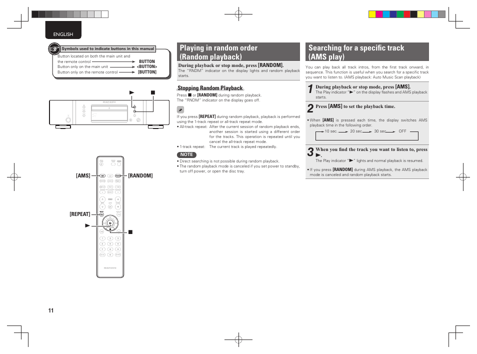 Playing in random order (random playback), Searching for a speciﬁ c track (ams play) | Marantz CD5004 User Manual | Page 15 / 29