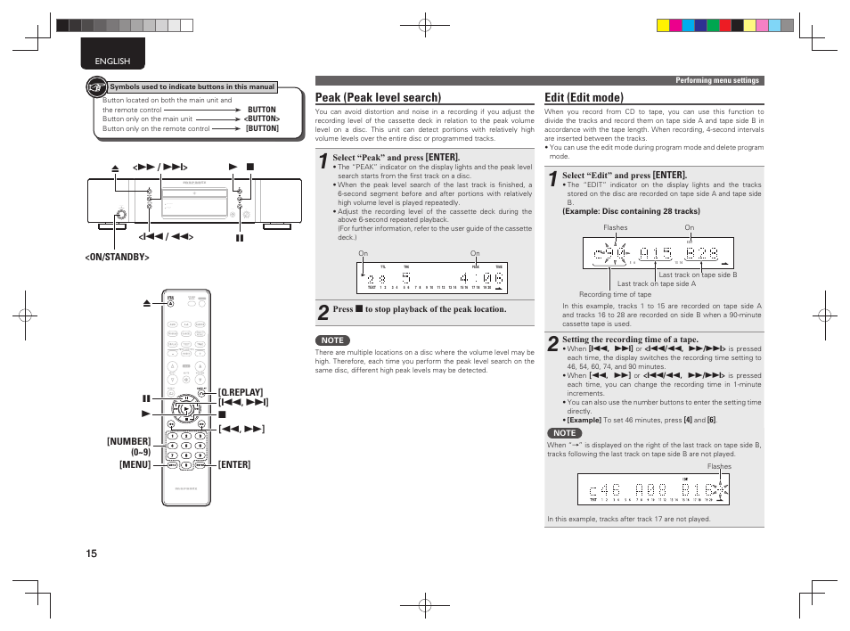 Edit (edit mode), Peak (peak level search) | Marantz CD5004 User Manual | Page 19 / 29