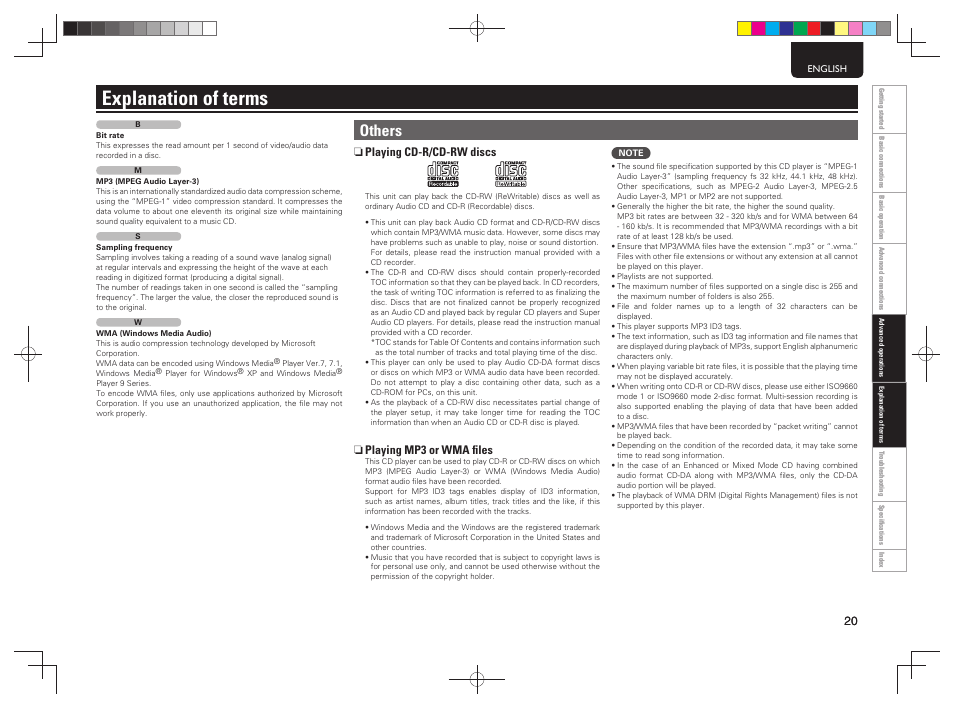 Explanation of terms, Others, N playing cd-r/cd-rw discs | N playing mp3 or wma ﬁ les | Marantz CD5004 User Manual | Page 24 / 29