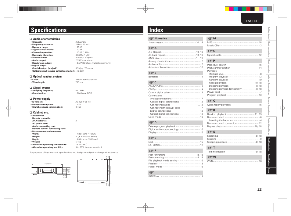 Speciﬁ cations index | Marantz CD5004 User Manual | Page 26 / 29