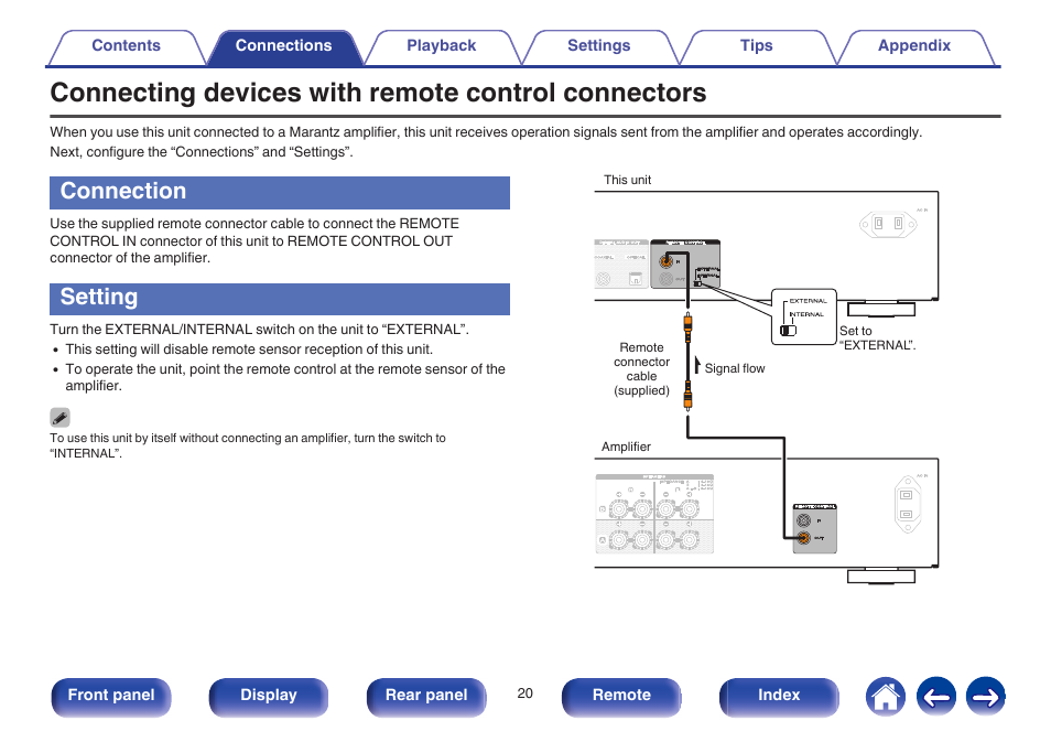 Connecting devices with remote control connectors, Connection, Setting | Remote control function. (v p. 20), Control connection. (v p. 20) | Marantz CD5005 User Manual | Page 20 / 54