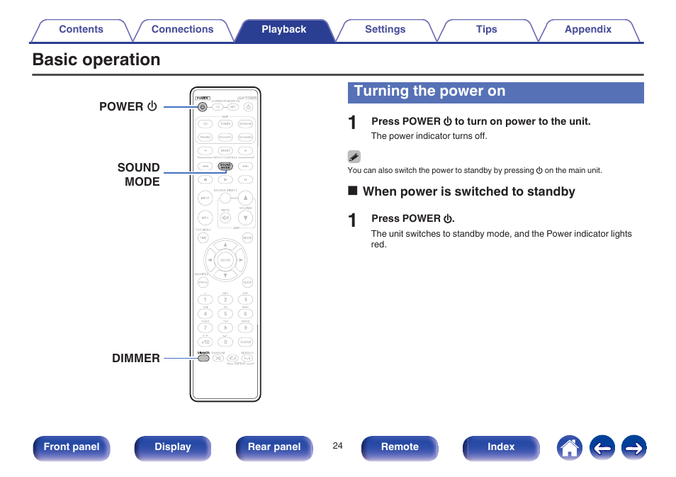 Basic operation, Turning the power on, This turns the power on/off (standby). (v p. 24) | V p. 24 | Marantz CD5005 User Manual | Page 24 / 54