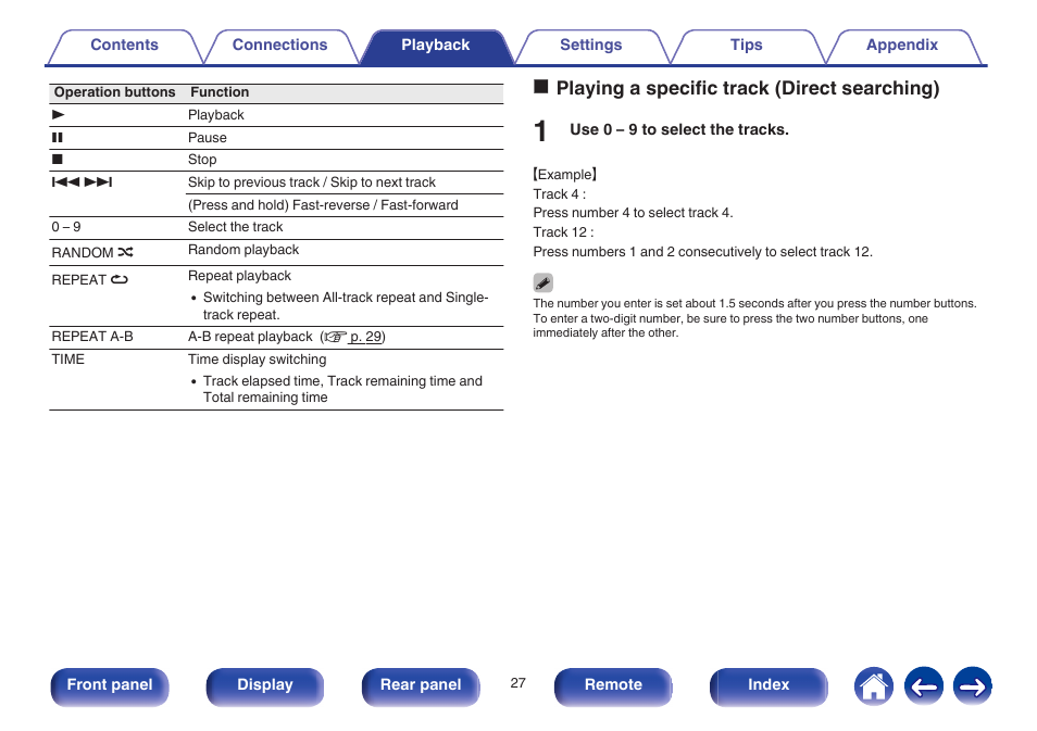 V p. 27, Reverse the track. (v p. 27, Playback starts. (v p. 27 | Pauses playback. (v p. 27, Reverse. (v p. 27, Stops playback. (v p. 27, Switches the random playback. (v p. 27, Oplaying a specific track (direct searching) | Marantz CD5005 User Manual | Page 27 / 54