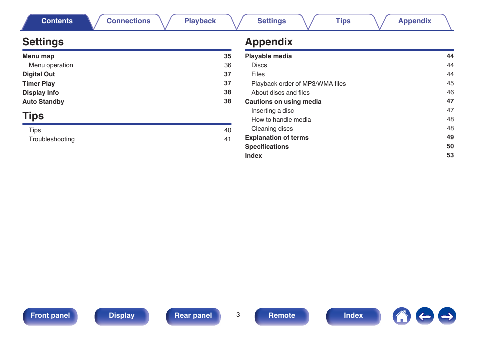 Settings, Tips, Appendix | Marantz CD5005 User Manual | Page 3 / 54