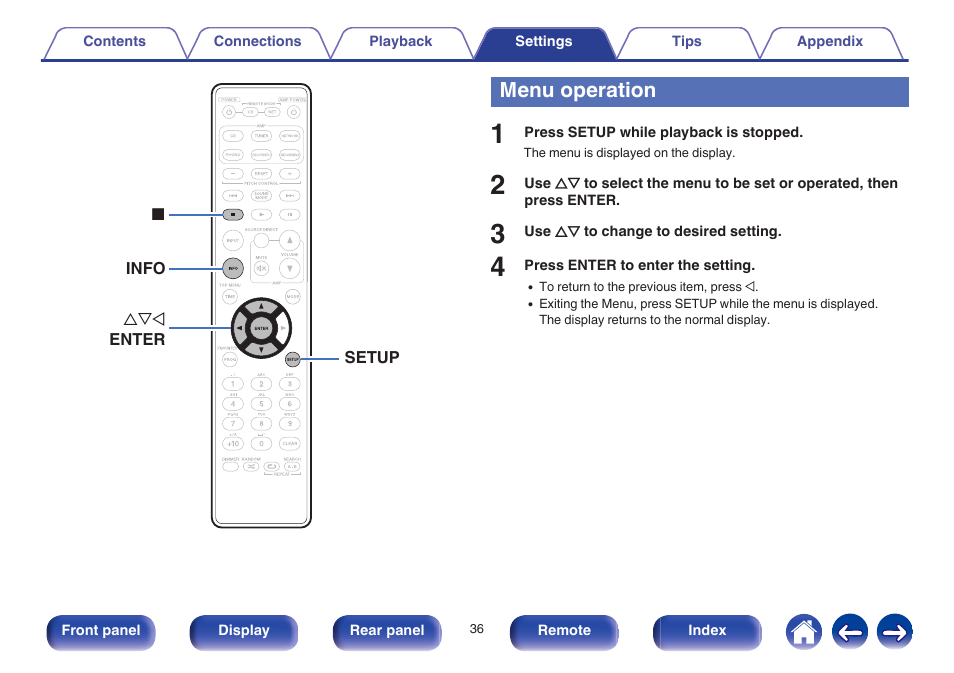 Menu operation, V p. 36) | Marantz CD5005 User Manual | Page 36 / 54