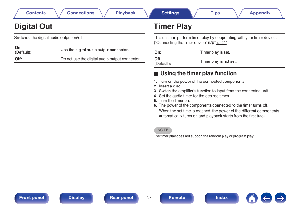 Digital out, Timer play, Timer play” (v p. 37)) | O using the timer play function | Marantz CD5005 User Manual | Page 37 / 54