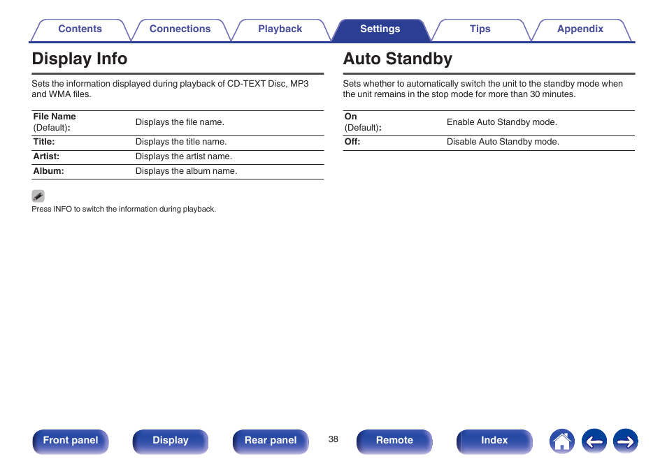 Display info, Auto standby | Marantz CD5005 User Manual | Page 38 / 54