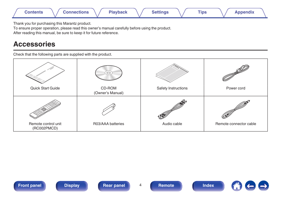 Accessories | Marantz CD5005 User Manual | Page 4 / 54