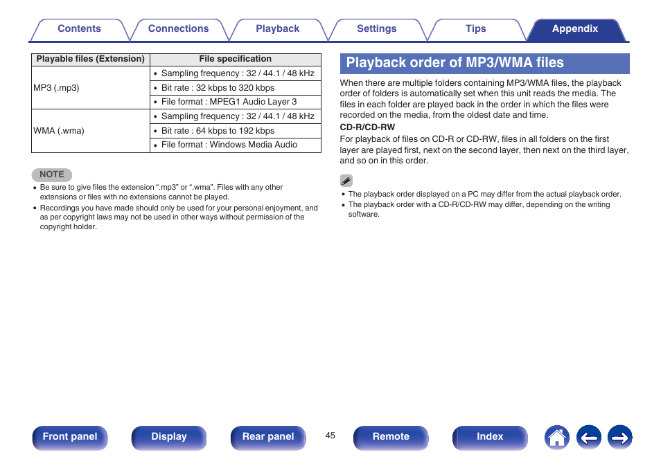 Playback order of mp3/wma files | Marantz CD5005 User Manual | Page 45 / 54