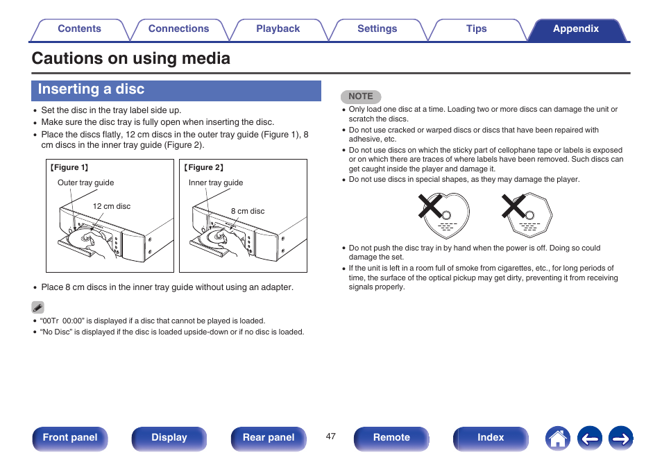 Cautions on using media, Inserting a disc, V p. 47) | Marantz CD5005 User Manual | Page 47 / 54