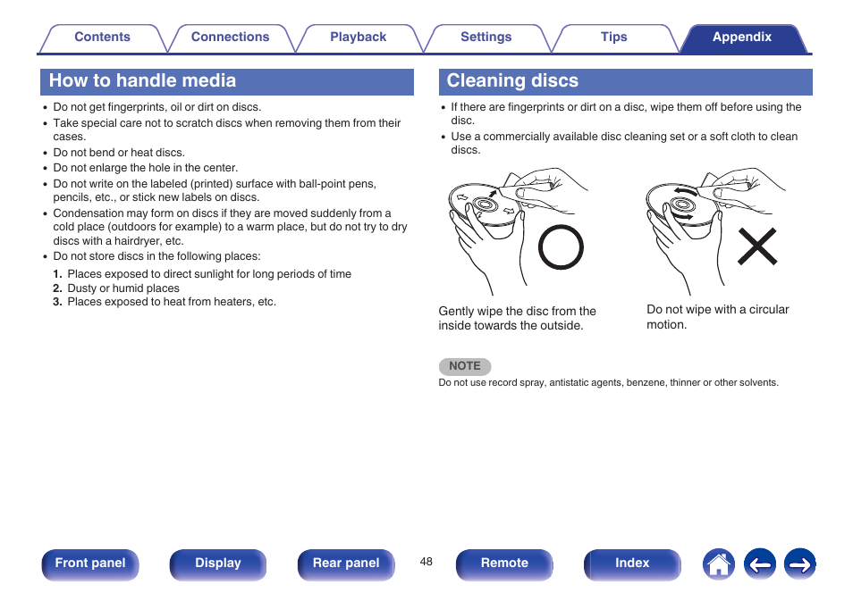 How to handle media, Cleaning discs | Marantz CD5005 User Manual | Page 48 / 54