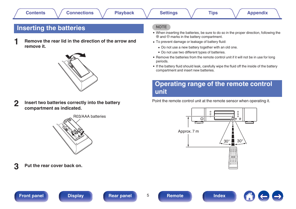 Inserting the batteries, Operating range of the remote control unit | Marantz CD5005 User Manual | Page 5 / 54