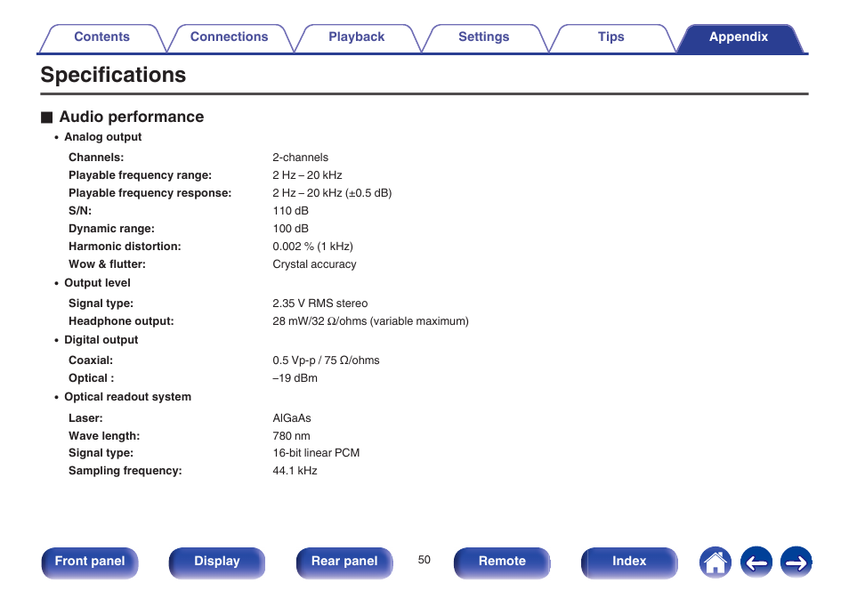 Specifications, O audio performance | Marantz CD5005 User Manual | Page 50 / 54