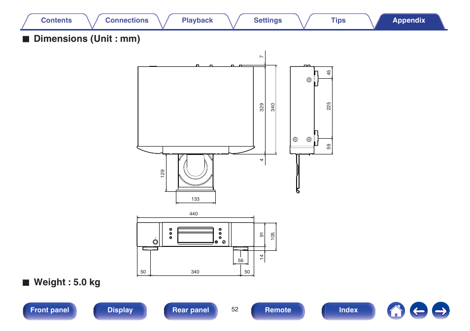 Dimensions (unit : mm), Weight : 5.0 kg | Marantz CD5005 User Manual | Page 52 / 54