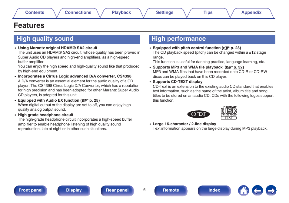 Features, High quality sound, High performance | Marantz CD5005 User Manual | Page 6 / 54