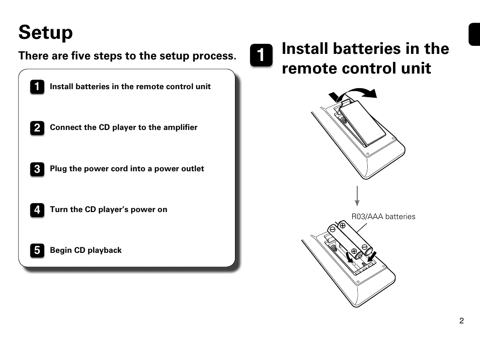 Setup, Install batteries in the remote control unit | Marantz CD5005 Quick Start User Manual | Page 3 / 8