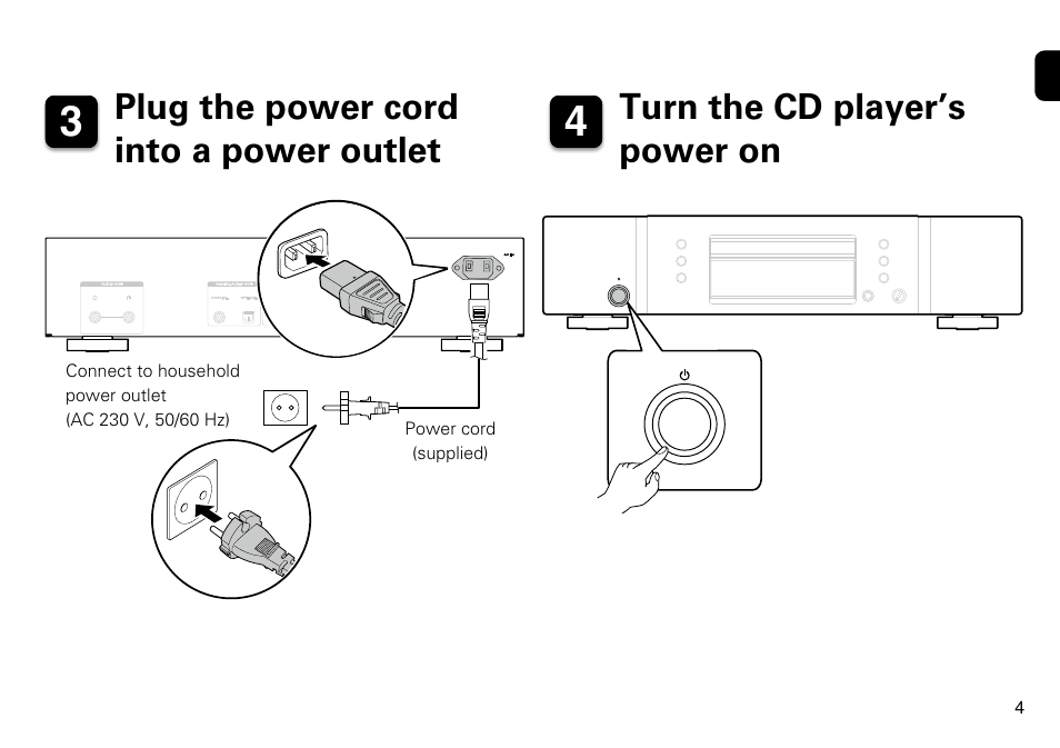 Plug the power cord into a power outlet, Turn the cd player’s power on | Marantz CD5005 Quick Start User Manual | Page 5 / 8