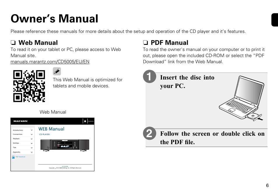 12 owner’s manual, N pdf manual, N web manual | Marantz CD5005 Quick Start User Manual | Page 7 / 8