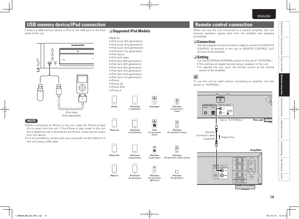 Remote control connection, N connection, N setting | N supported ipod models | Marantz CD6004 User Manual | Page 17 / 36