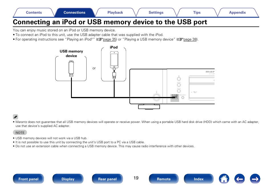 Connecting an ipod or usb memory device to the, Usb port, Connecting an ipod or usb memory device to the usb | Marantz CD6005 User Manual | Page 19 / 64