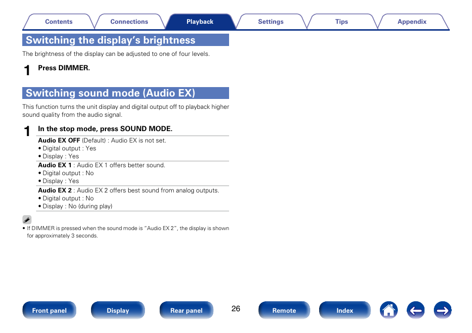 Switching the display’s brightness, Switching sound mode (audio ex) | Marantz CD6005 User Manual | Page 26 / 64