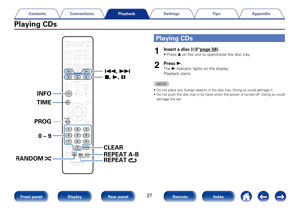 Playing cds, Insert a disc ( v page 58), Press 1 | Marantz CD6005 User Manual | Page 27 / 64