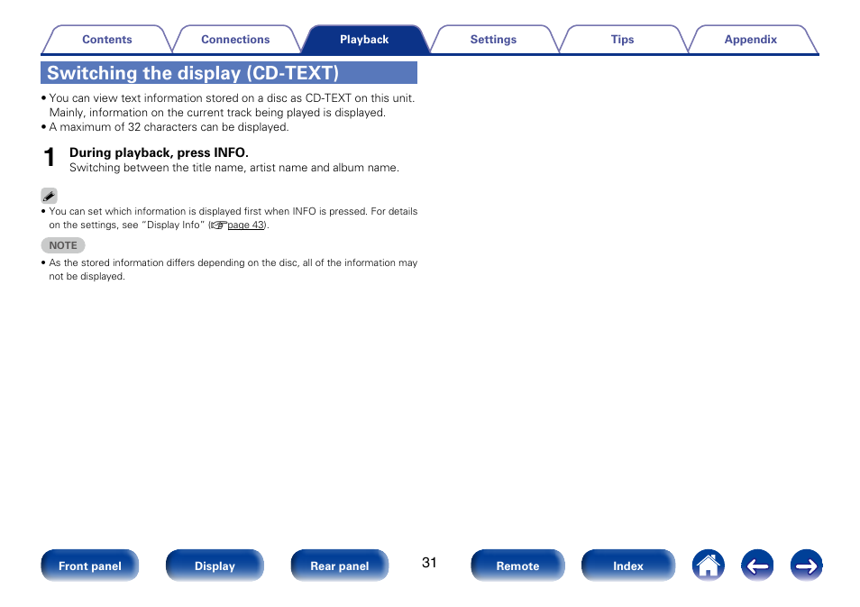 Switching the display (cd-text) | Marantz CD6005 User Manual | Page 31 / 64