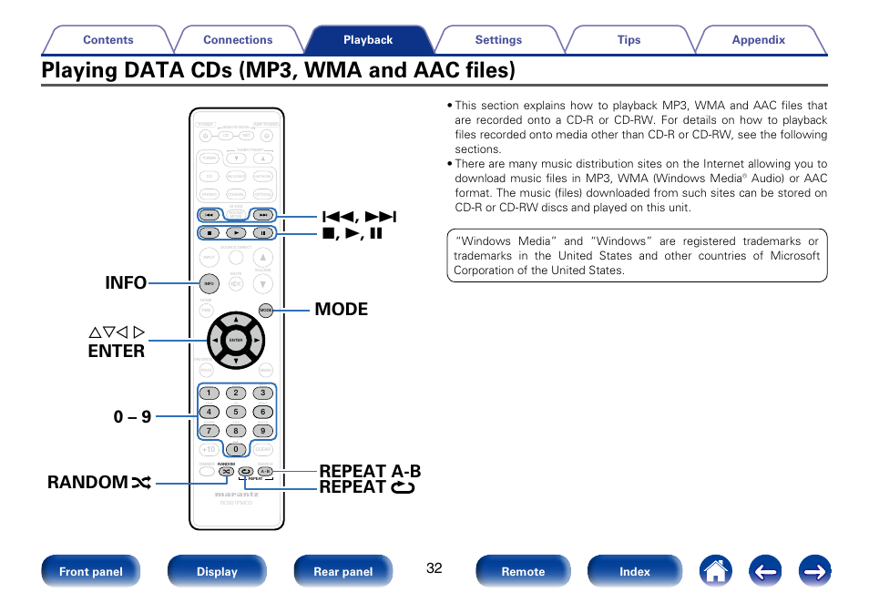 Playing data cds (mp3, wma and aac files), Mode info, Enter | 0 – 9 repeat a-b random repeat, Uio p | Marantz CD6005 User Manual | Page 32 / 64