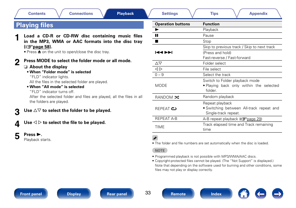 Playing files | Marantz CD6005 User Manual | Page 33 / 64