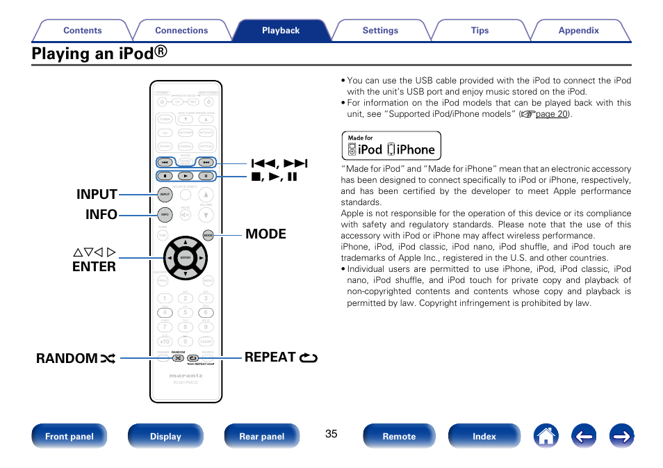 Playing an ipod, Mode input info, Enter random repeat | Uio p | Marantz CD6005 User Manual | Page 35 / 64