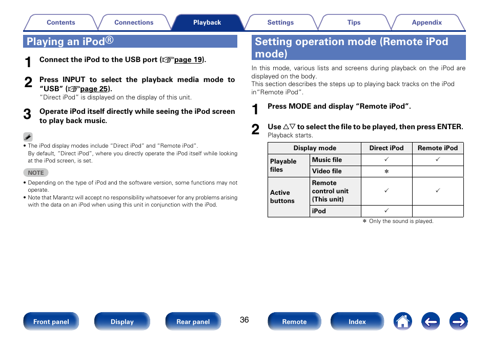 Playing an ipod, Setting operation mode (remote ipod mode) | Marantz CD6005 User Manual | Page 36 / 64