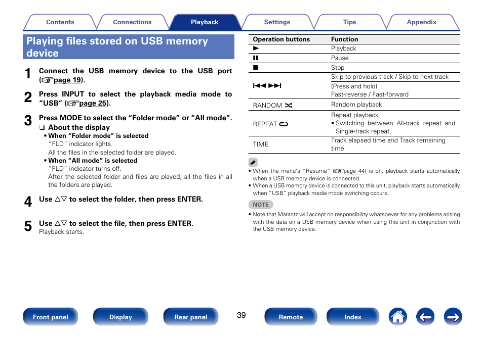 Playing files stored on usb memory device | Marantz CD6005 User Manual | Page 39 / 64
