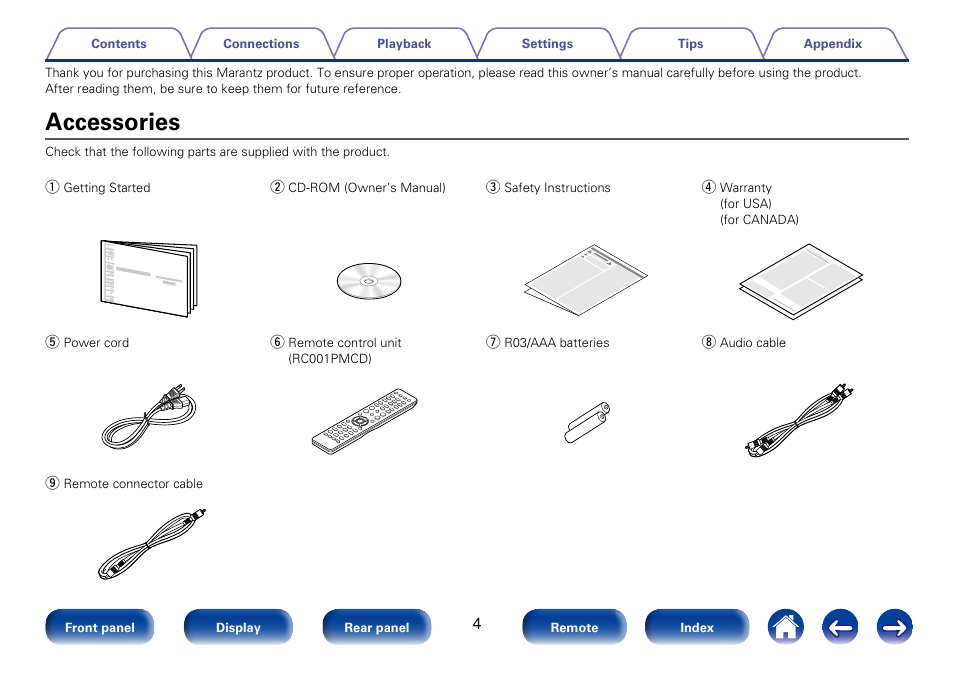 Accessories | Marantz CD6005 User Manual | Page 4 / 64