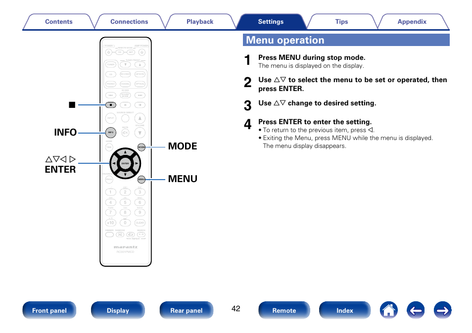 Menu operation, Menu mode info, Enter | 2uio p, Press menu during stop mode, Use ui change to desired setting, Press enter to enter the setting | Marantz CD6005 User Manual | Page 42 / 64