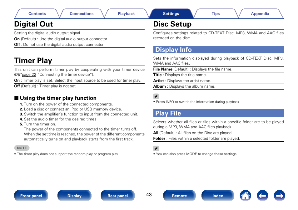 Digital out, Timer play, Disc setup | Display info, Play file | Marantz CD6005 User Manual | Page 43 / 64