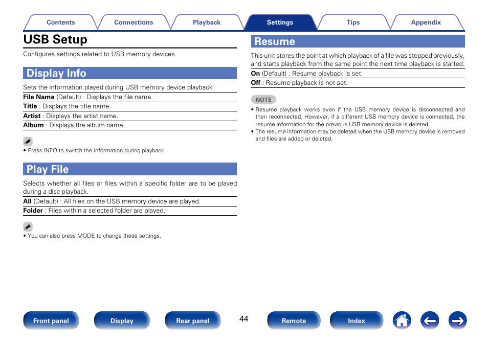 Usb setup, Display info, Play file | Resume | Marantz CD6005 User Manual | Page 44 / 64