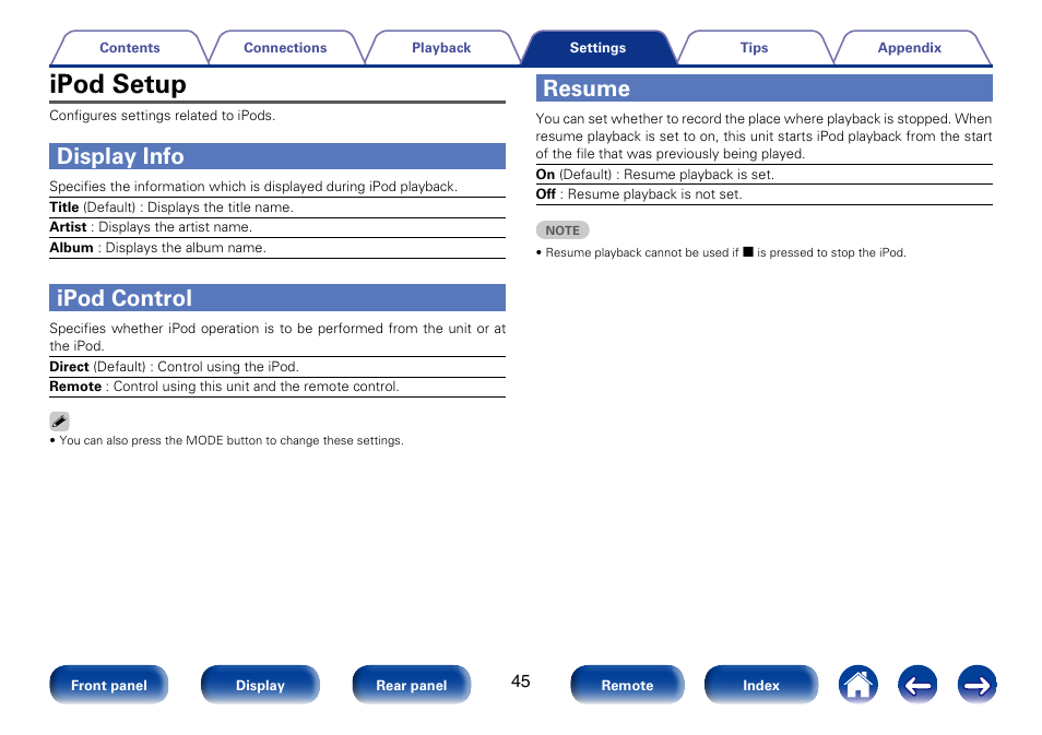 Ipod setup, Display info, Ipod control | Resume | Marantz CD6005 User Manual | Page 45 / 64