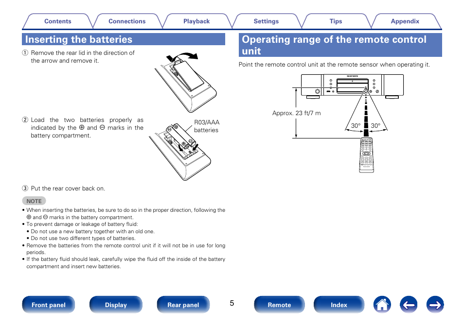 Inserting the batteries, Operating range of the remote control unit | Marantz CD6005 User Manual | Page 5 / 64