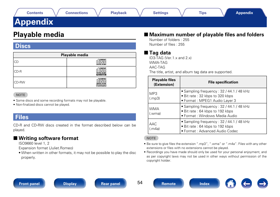Appendix, Playable media, Discs | Files, 2 writing software format, 2 maximum number of playable files and folders, 2 tag data | Marantz CD6005 User Manual | Page 54 / 64