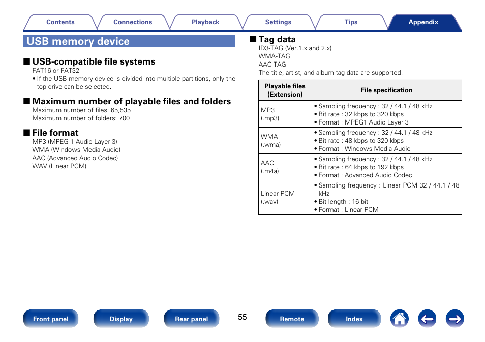 Usb memory device, 2 usb-compatible file systems, 2 maximum number of playable files and folders | 2 file format, 2 tag data | Marantz CD6005 User Manual | Page 55 / 64