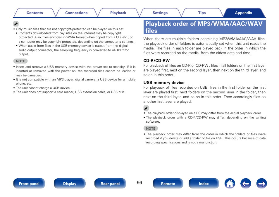 Playback order of mp3/wma/aac/wav files | Marantz CD6005 User Manual | Page 56 / 64