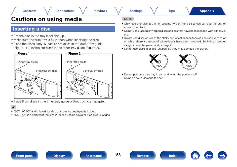 Cautions on using media, Inserting a disc | Marantz CD6005 User Manual | Page 58 / 64