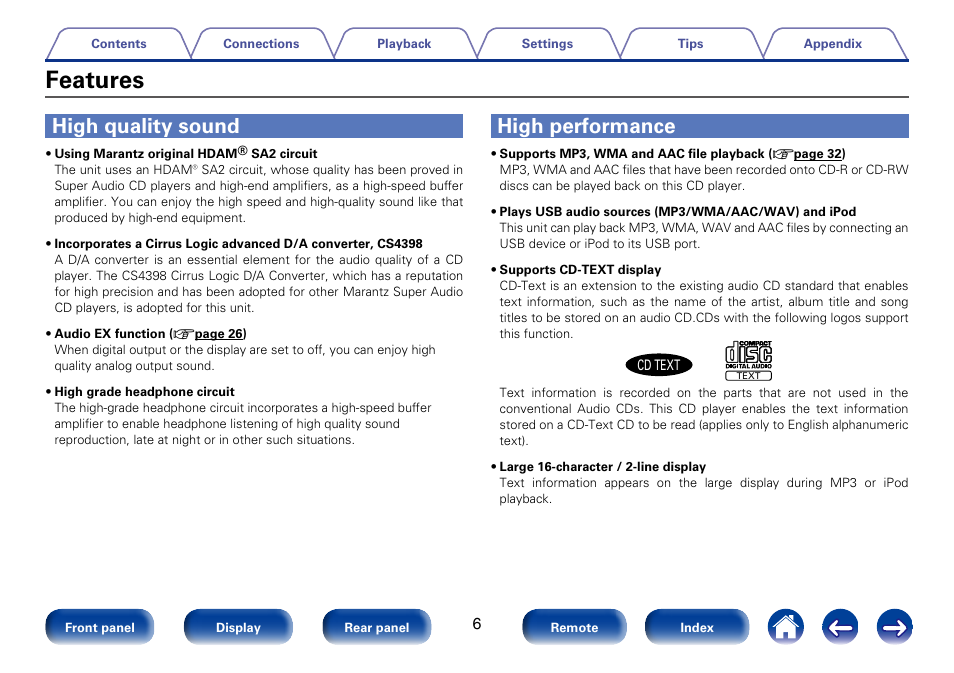 Features, High quality sound, High performance | Marantz CD6005 User Manual | Page 6 / 64