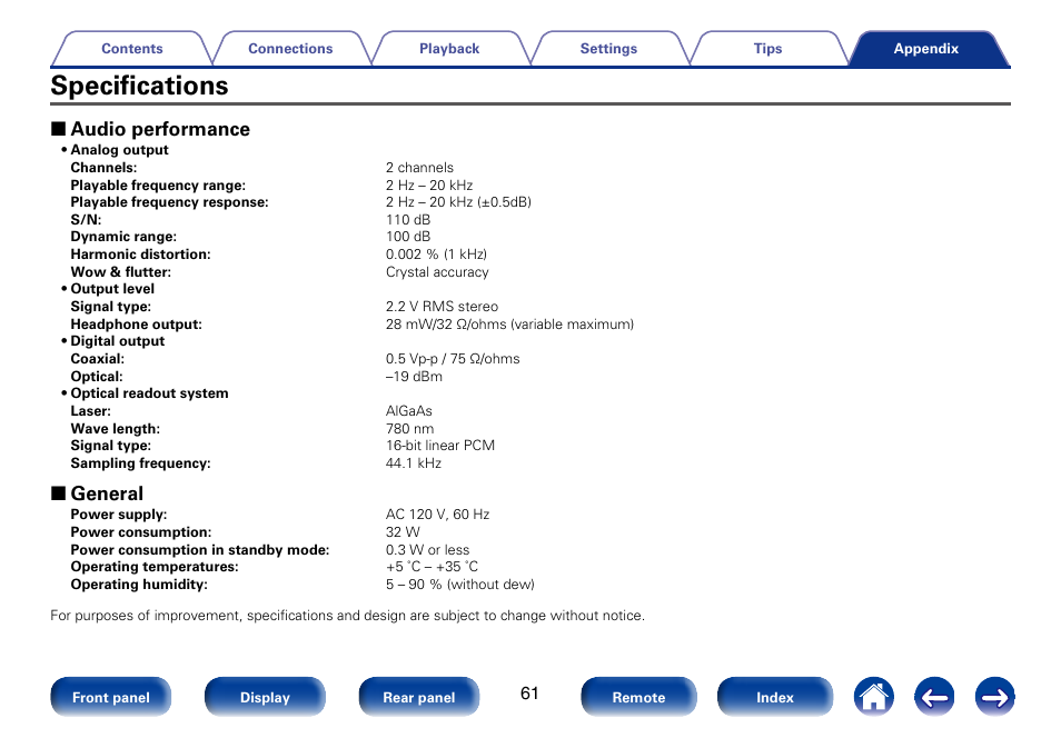 Specifications, 2 audio performance, 2 general | Marantz CD6005 User Manual | Page 61 / 64