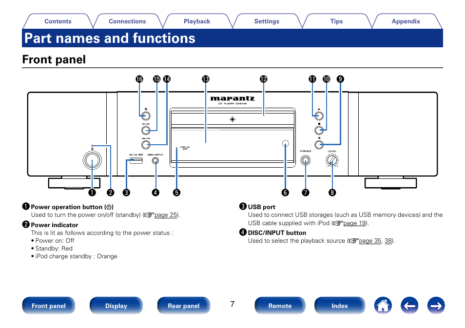 Part names and functions, Front panel | Marantz CD6005 User Manual | Page 7 / 64