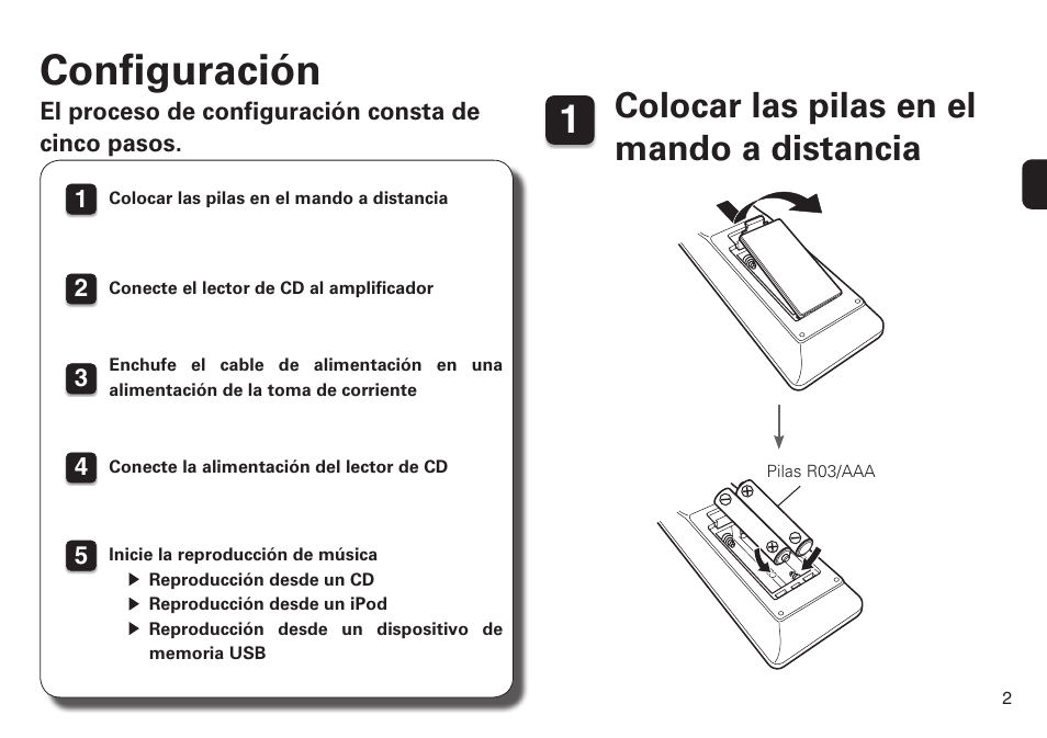 Configuración, Colocar las pilas en el mando a distancia | Marantz CD6005 Quick Start User Manual | Page 3 / 10