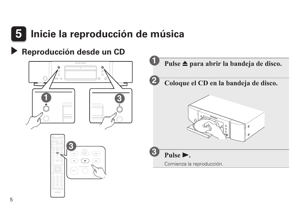 Inicie la reproducción de música, Reproducción desde un cd | Marantz CD6005 Quick Start User Manual | Page 6 / 10