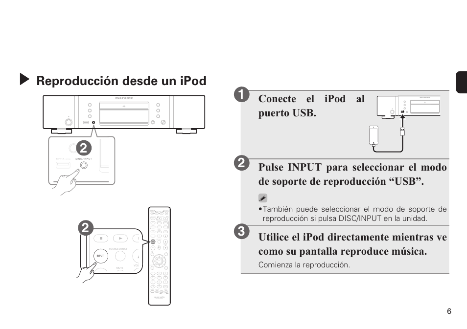 Reproducción desde un ipod | Marantz CD6005 Quick Start User Manual | Page 7 / 10
