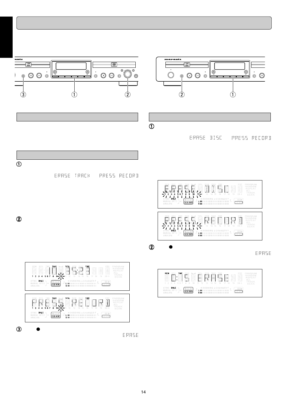 Erasing, English, Qw e erasing | Erasing one or more tracks from the end, Erasing the entire disc | Marantz DR6050 User Manual | Page 19 / 30